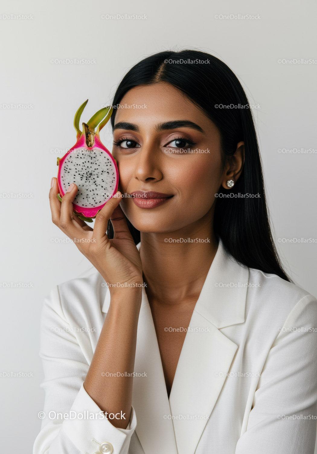 Elegant Woman with Slice of Dragon Fruit for Healthy Lifestyle Concept