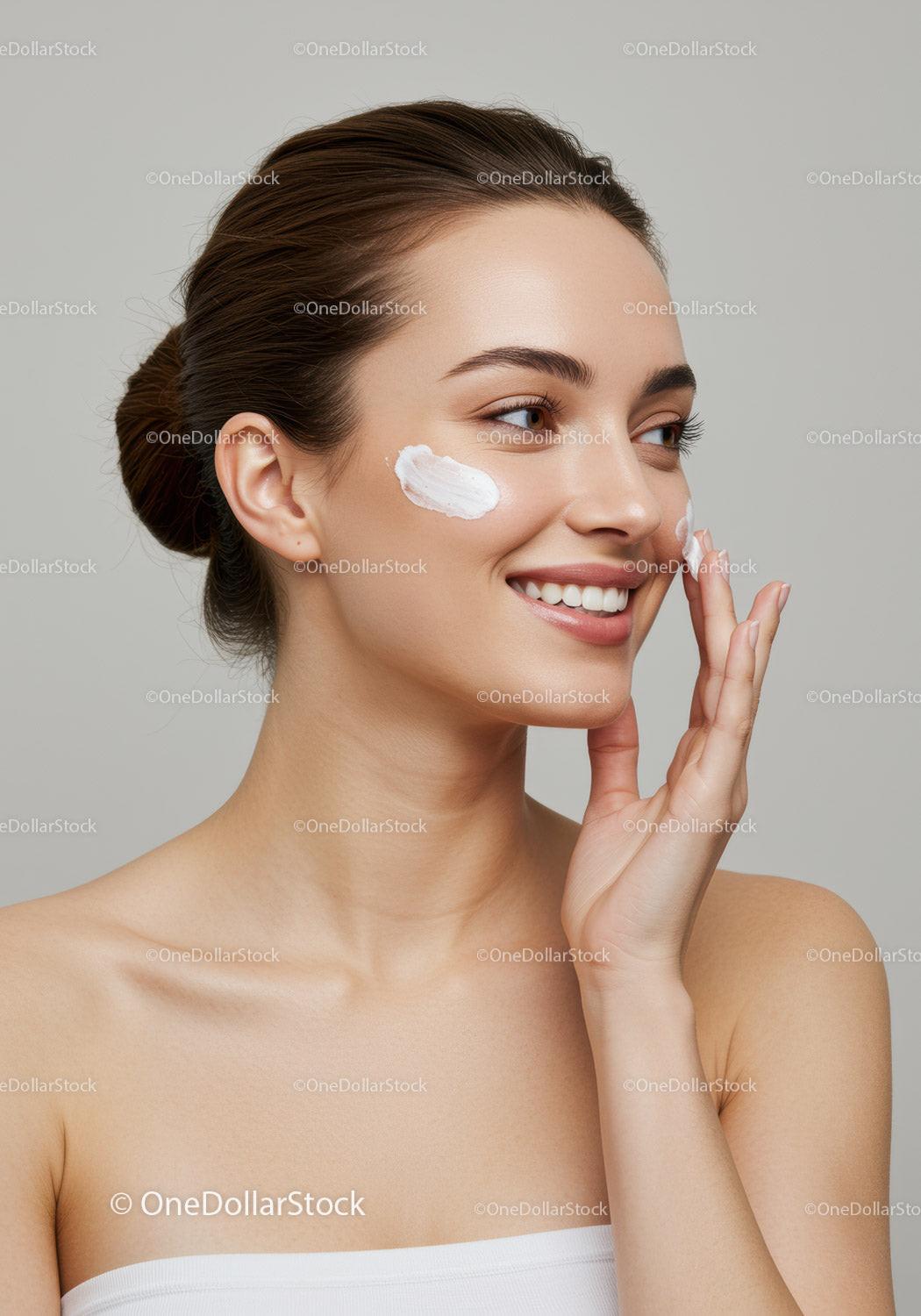 Young Woman Applying Skincare Cream for Healthy Glowing Skin