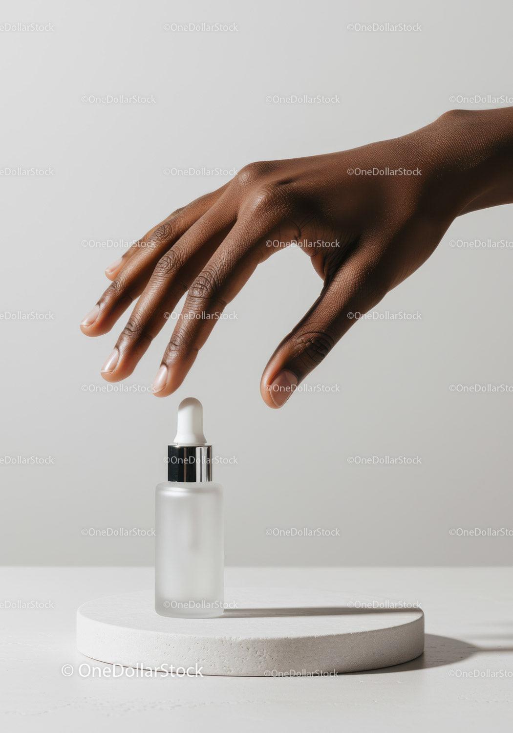 Elegant Hand Holding Skincare Dropper with Melanin Skin JPG Mockup Image preview
