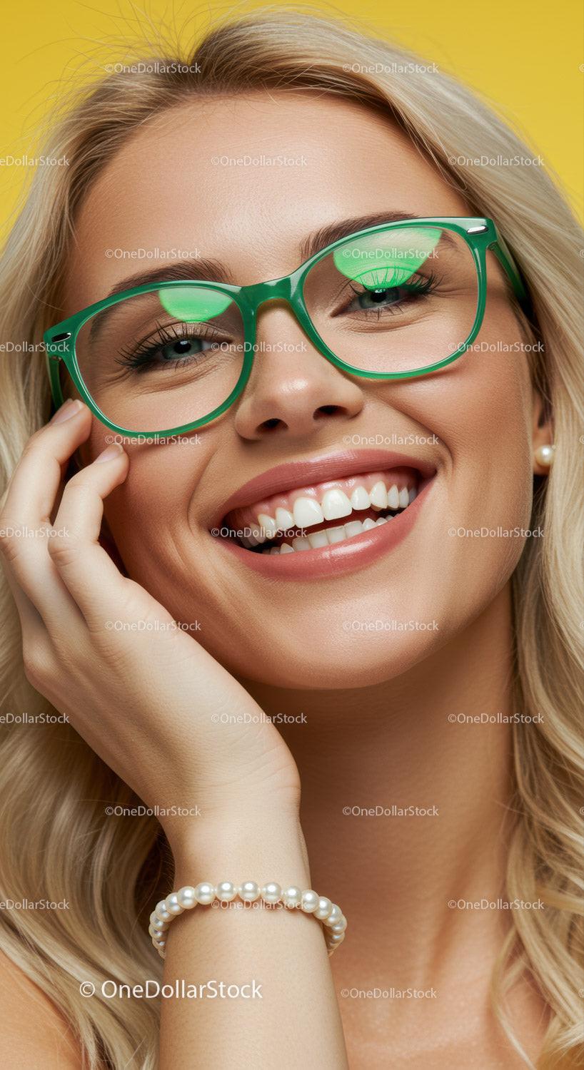 Blonde woman smiling wearing green eyeglasses and pearls