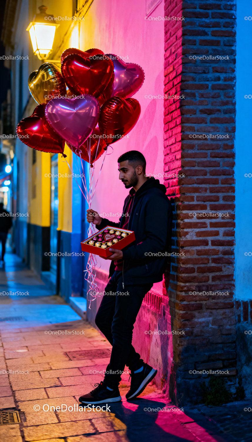 Young man with heart balloons and chocolates on street