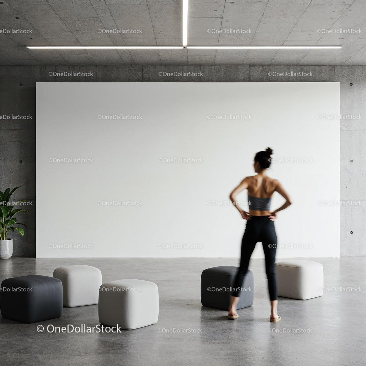 Woman standing in modern minimalist room with poufs JPG Mockup Image preview