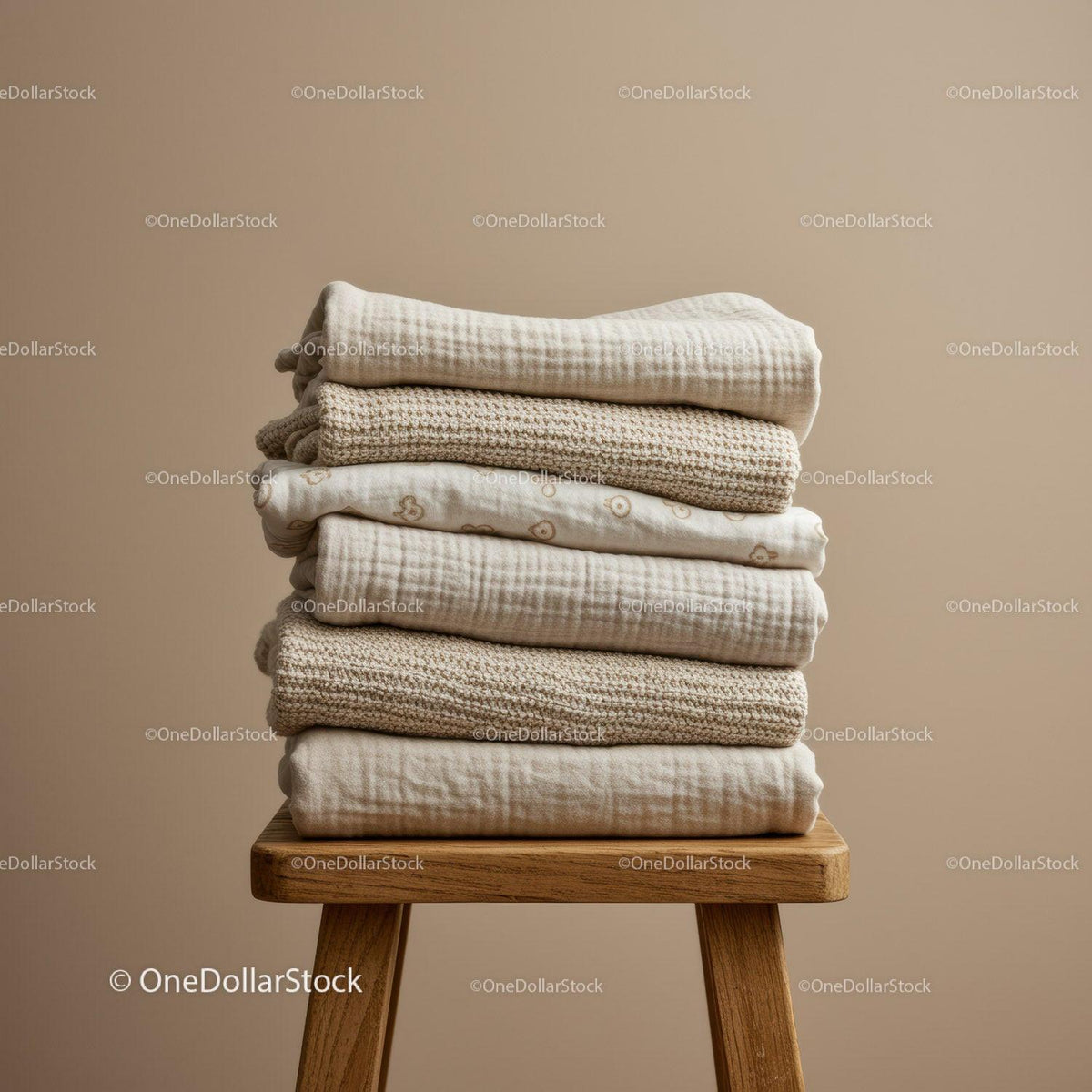 Stack of Soft Neutral Baby Blankets on Wooden Stool