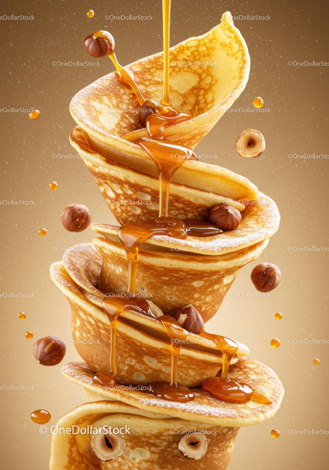 Stack of fluffy pancakes with honey and hazelnuts