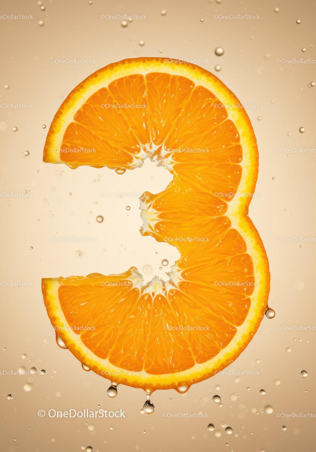 Fresh Orange Slice Shaped Like Number Three With Water Droplets