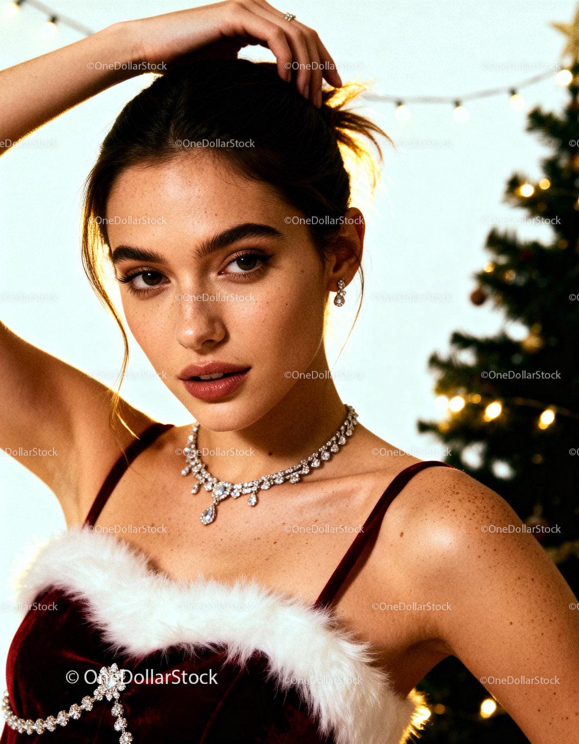 Young woman in festive dress with sparkling jewelry