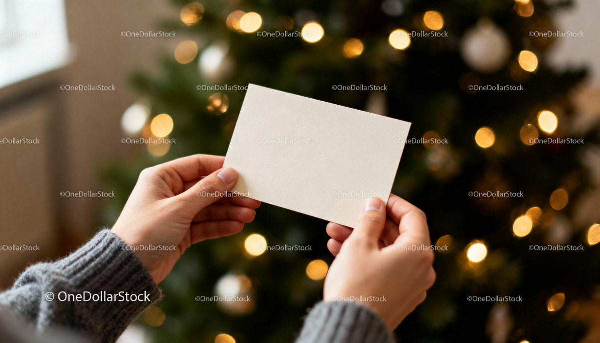 Person Holding Blank Card Near Christmas Tree Lights JPG Mockup Image preview