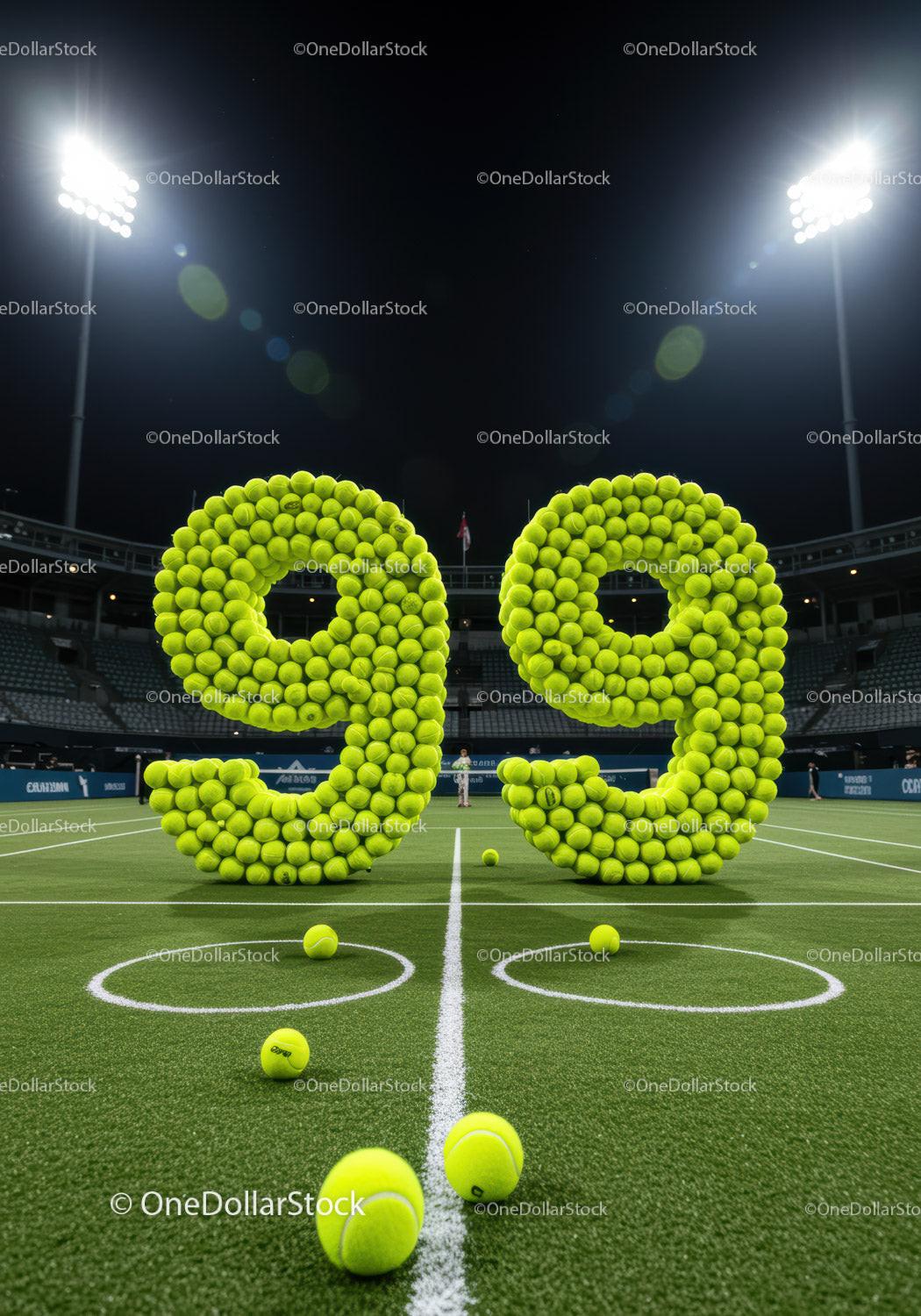 Large number ninety nine made of tennis balls on court