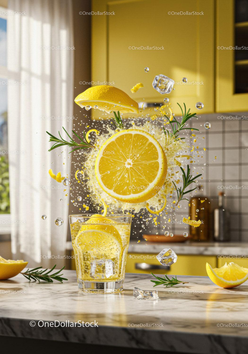 Refreshing lemon and rosemary sparkling water splash