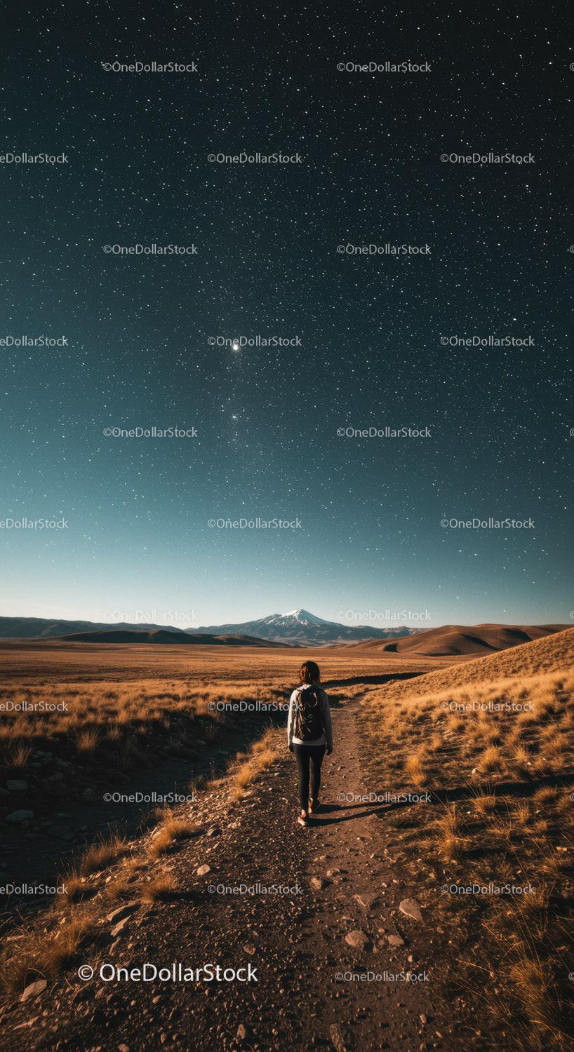 Starry Sky Over Desert Landscape with Mountain and Hiking Trail
