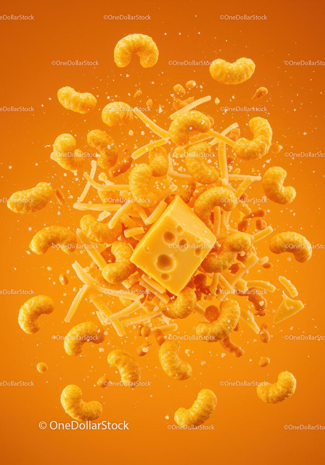 Cheese curls bursting around Swiss cheese block