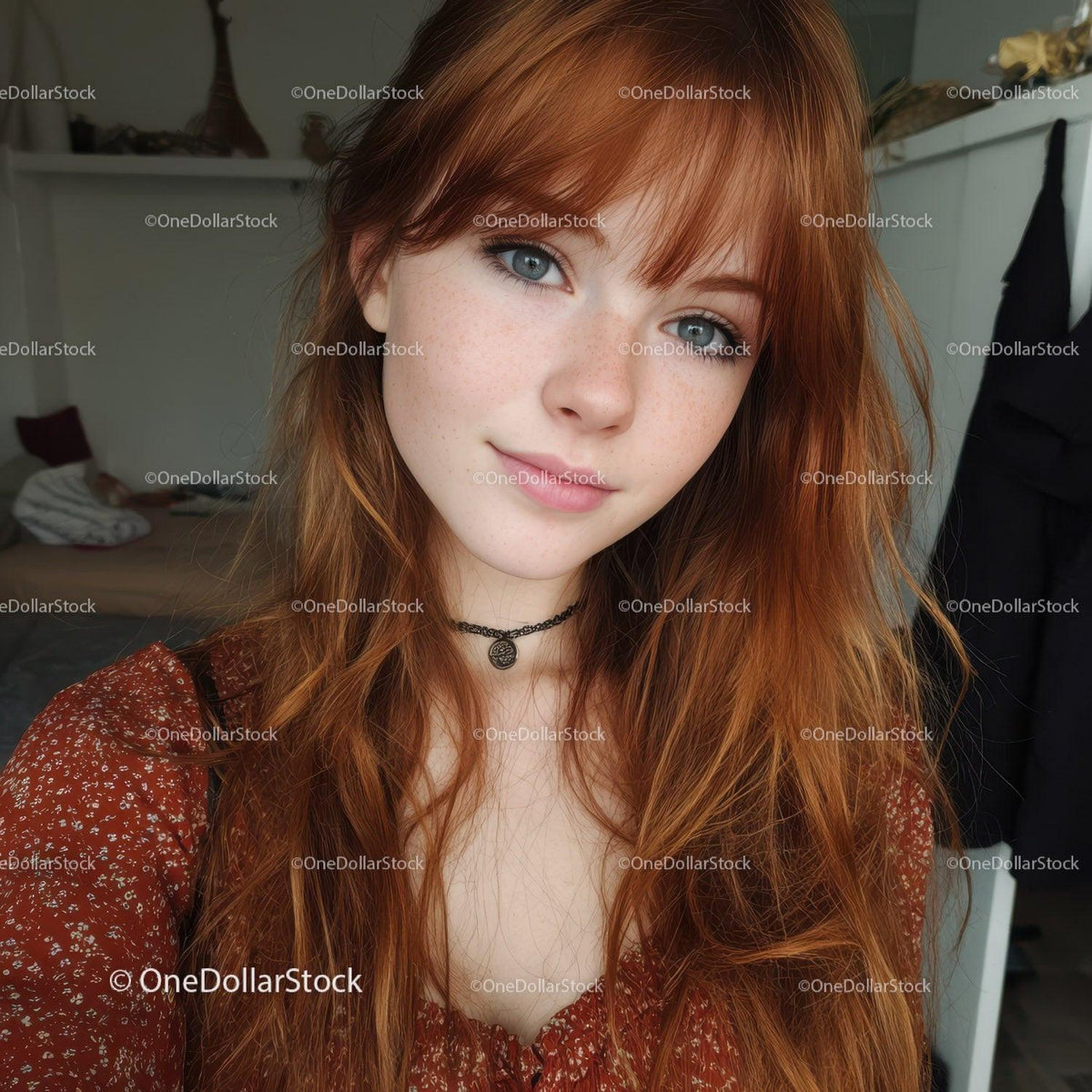 Portrait of a Red-Haired Woman with Blue Eyes and Freckles in Indoor Setting