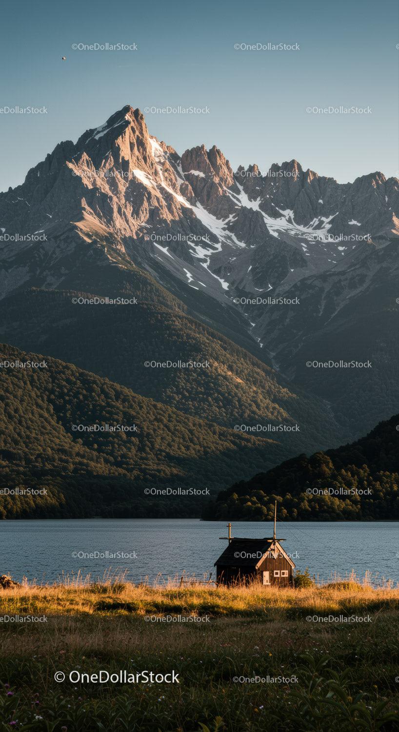 Majestic Snow-Capped Mountain Range with Lake and Small Hut Scene