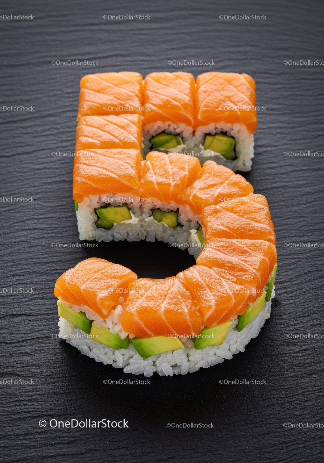 Sushi Rolls Arranged in Number Five Shape
