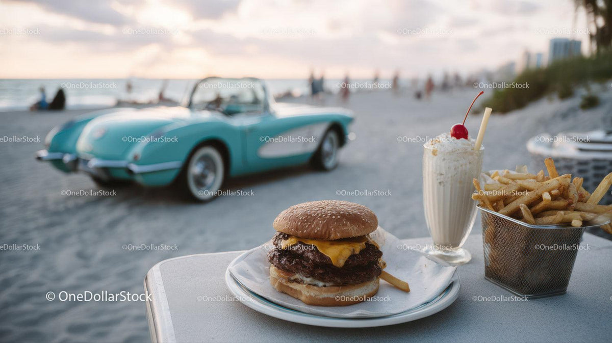 Beachside Cheeseburger French Fries and Milkshake with Classic Car Stock Photo Bundle preview 27