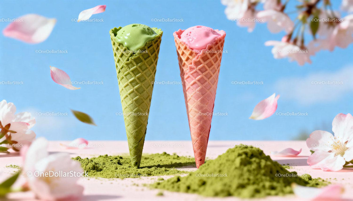 Green tea and strawberry ice cream cones with cherry blossoms