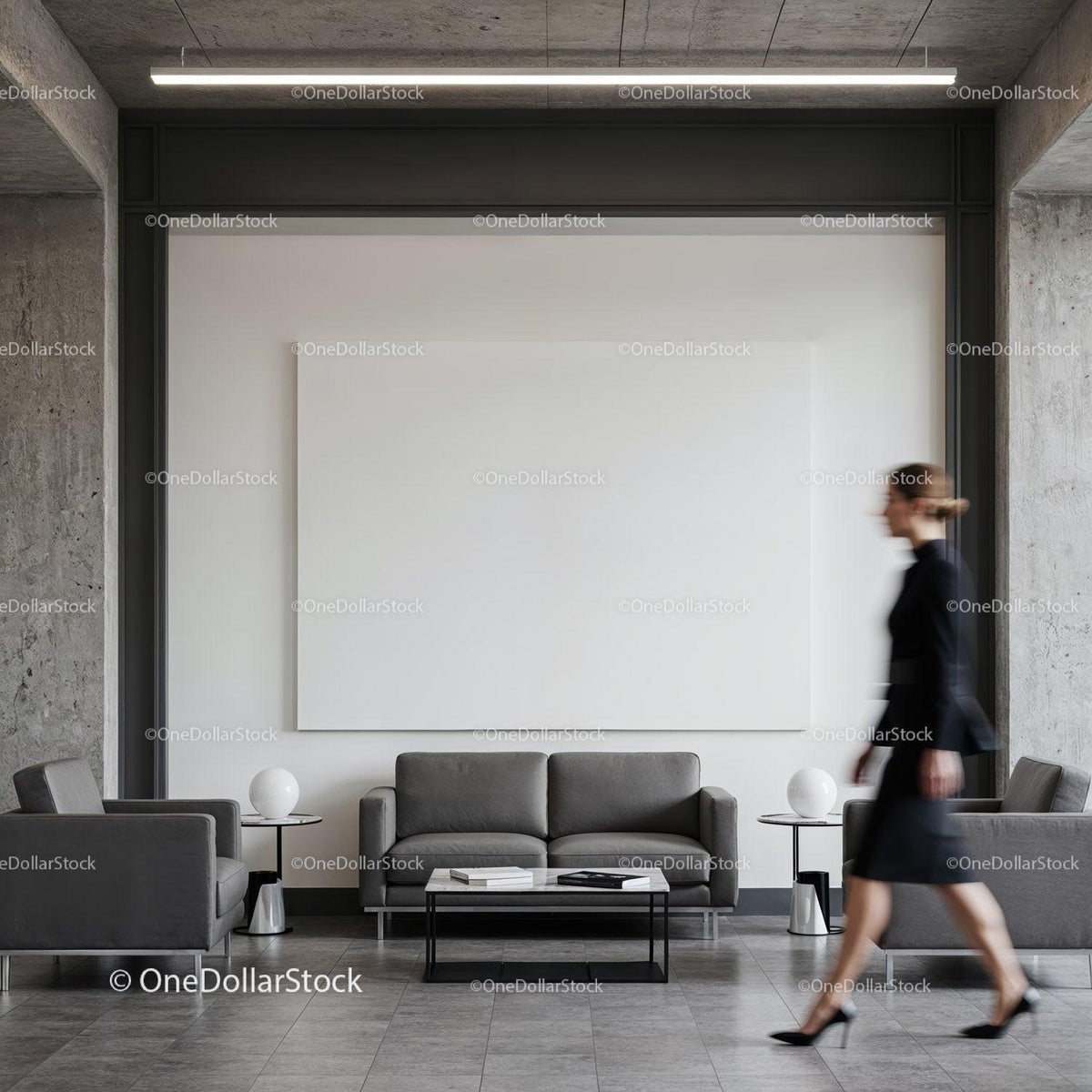Modern office lobby with minimalist grey furniture JPG Mockup Image preview