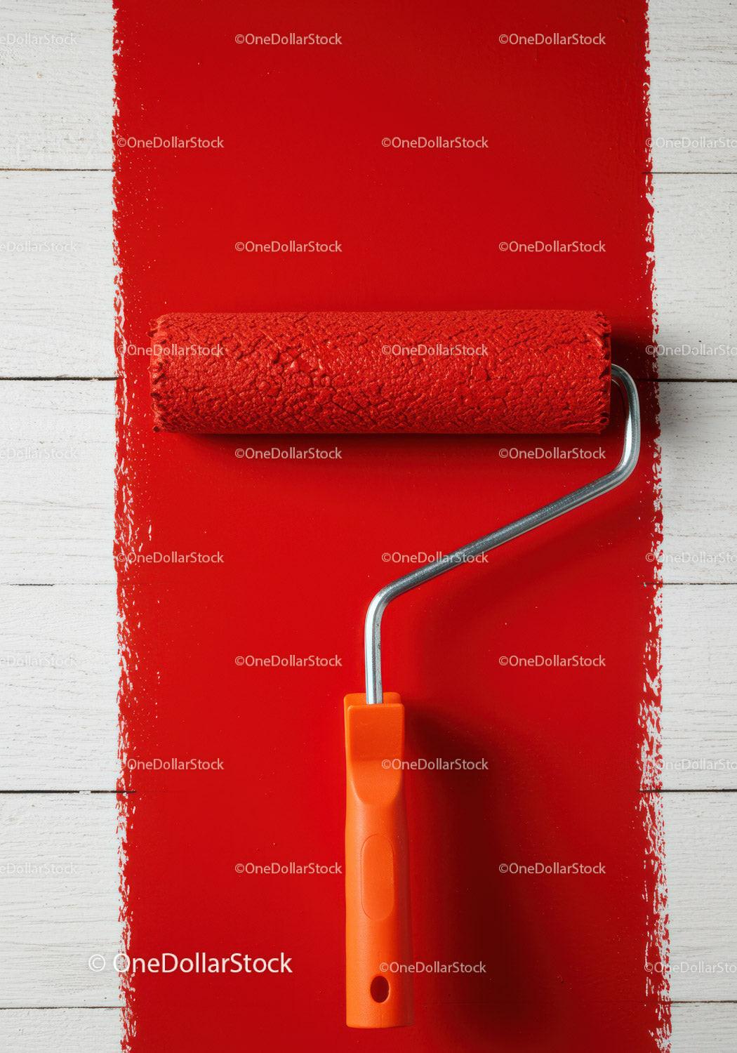 Red Wall Being Painted with Paint Roller for Home Renovation