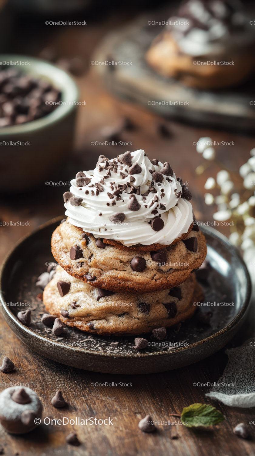 stock photo bundle made with Chocolate Chip Cookie with Whipped Cream and Chocolate Topping Stock Photo Bundle