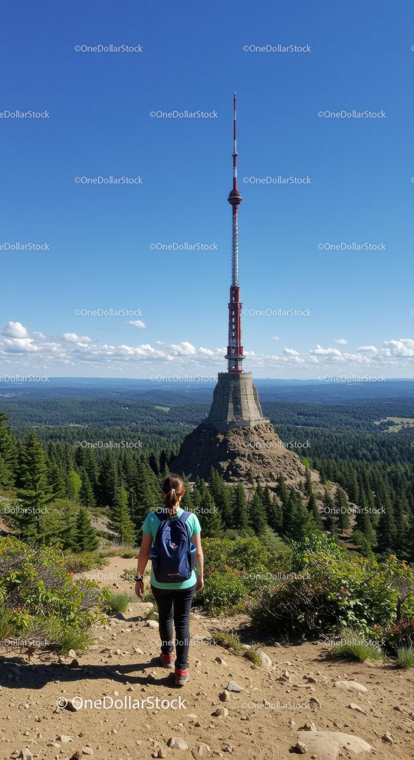 Hiker Visiting a Large Communication Tower on Mountain Peak