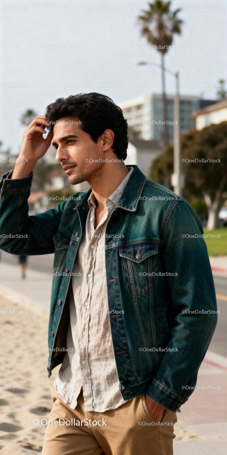Thoughtful young man walking near sunny beachside street