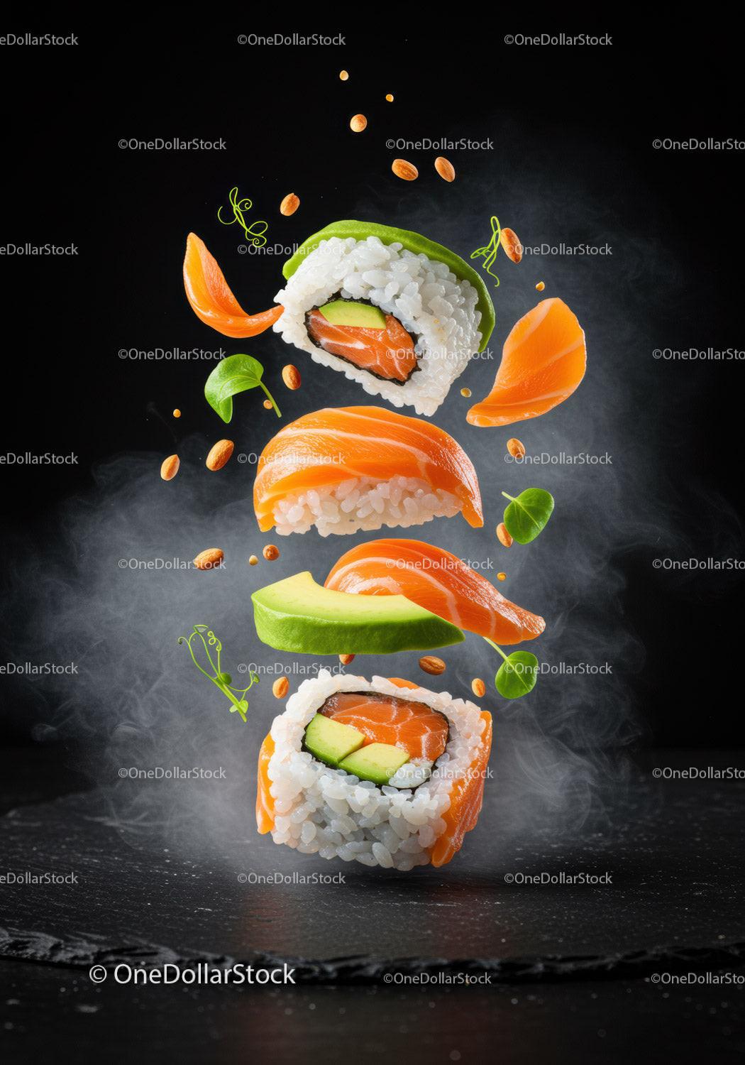 Fresh sushi rolls with salmon and avocado floating
