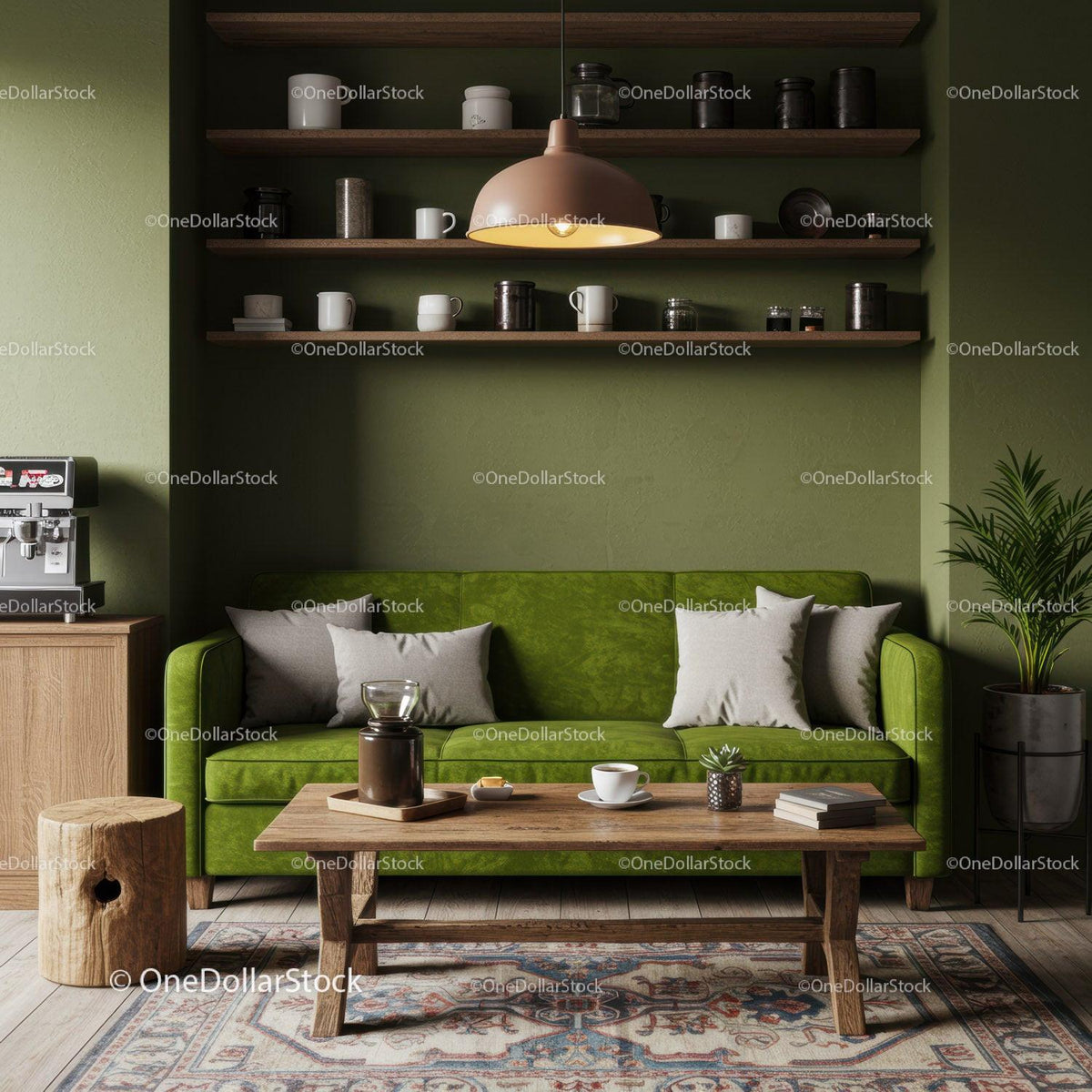 Cozy living room with green sofa and rustic decor