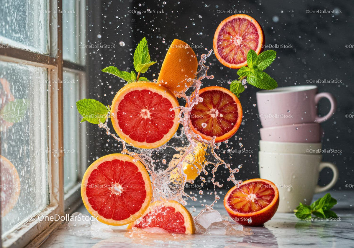 Fresh citrus splashing near stacked ceramic cups indoors