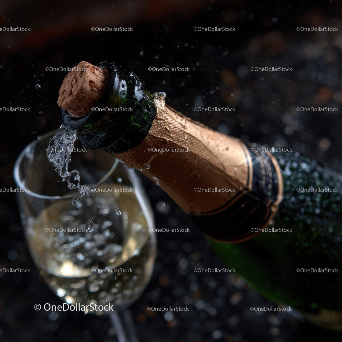 Champagne Bottle Cork Popping with Glass in a Celebration Setting