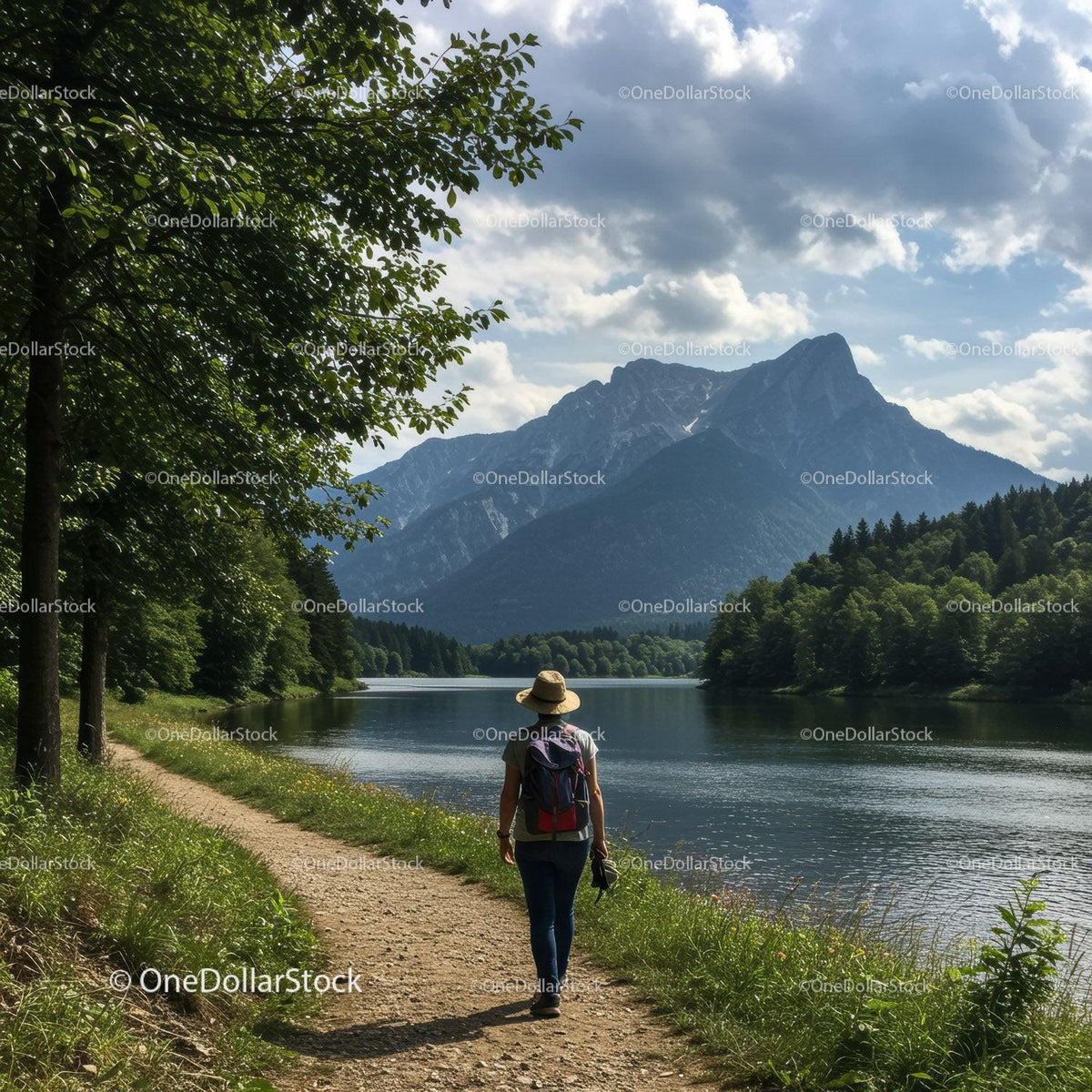 Scenic Mountain Lake Scene with Woman Hiking in Forest