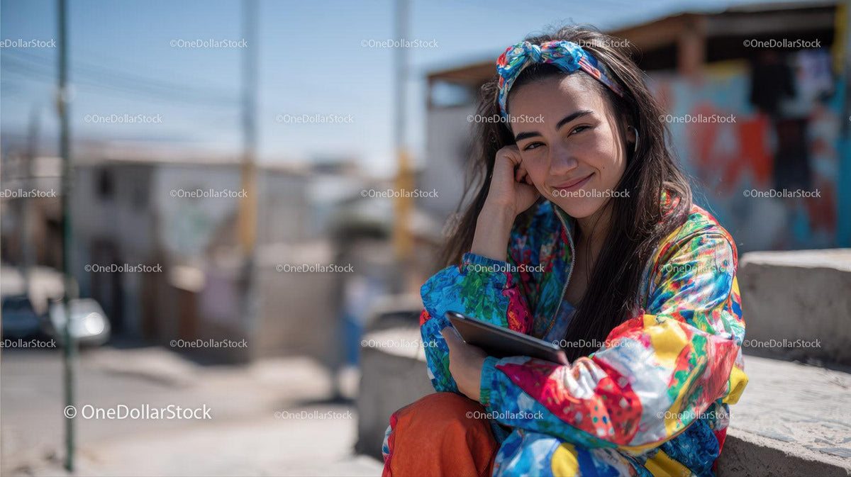 Young Woman Smiling with Smartphone in Urban Street Scene