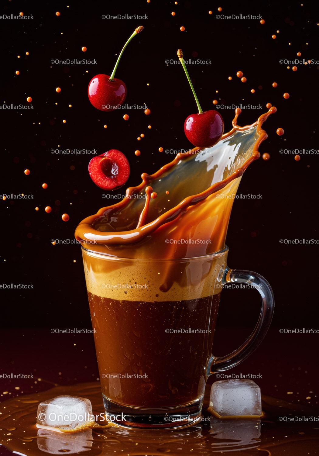Fresh cherries splashing into iced coffee cup
