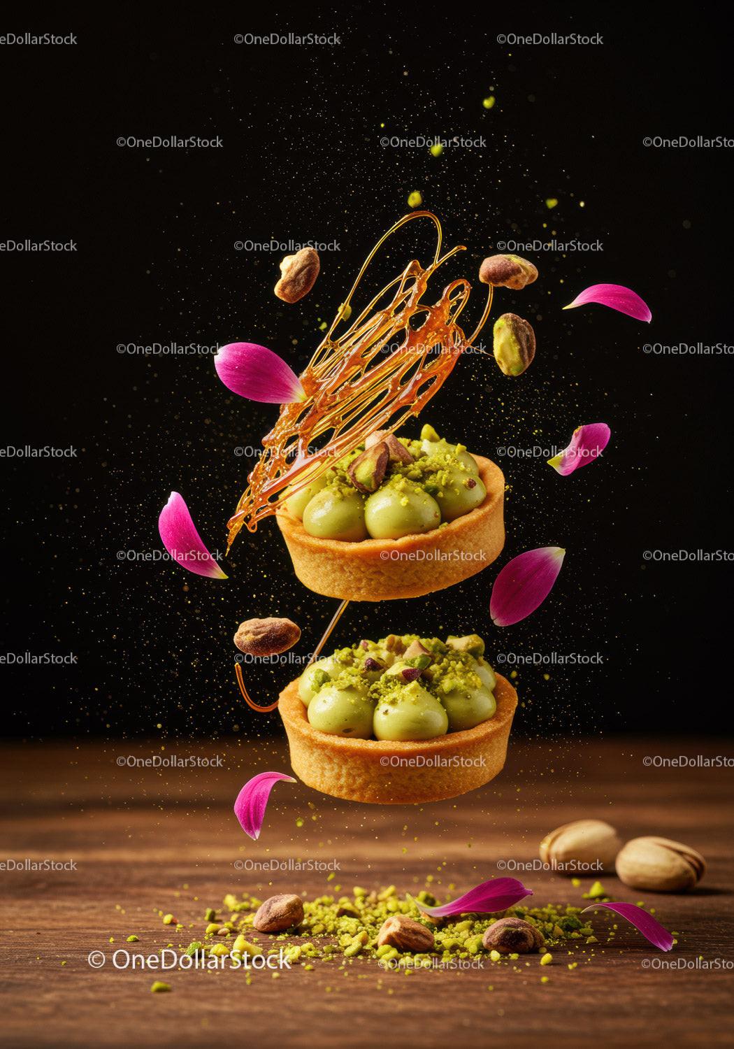 Pistachio tarts with caramel and flower petals in motion