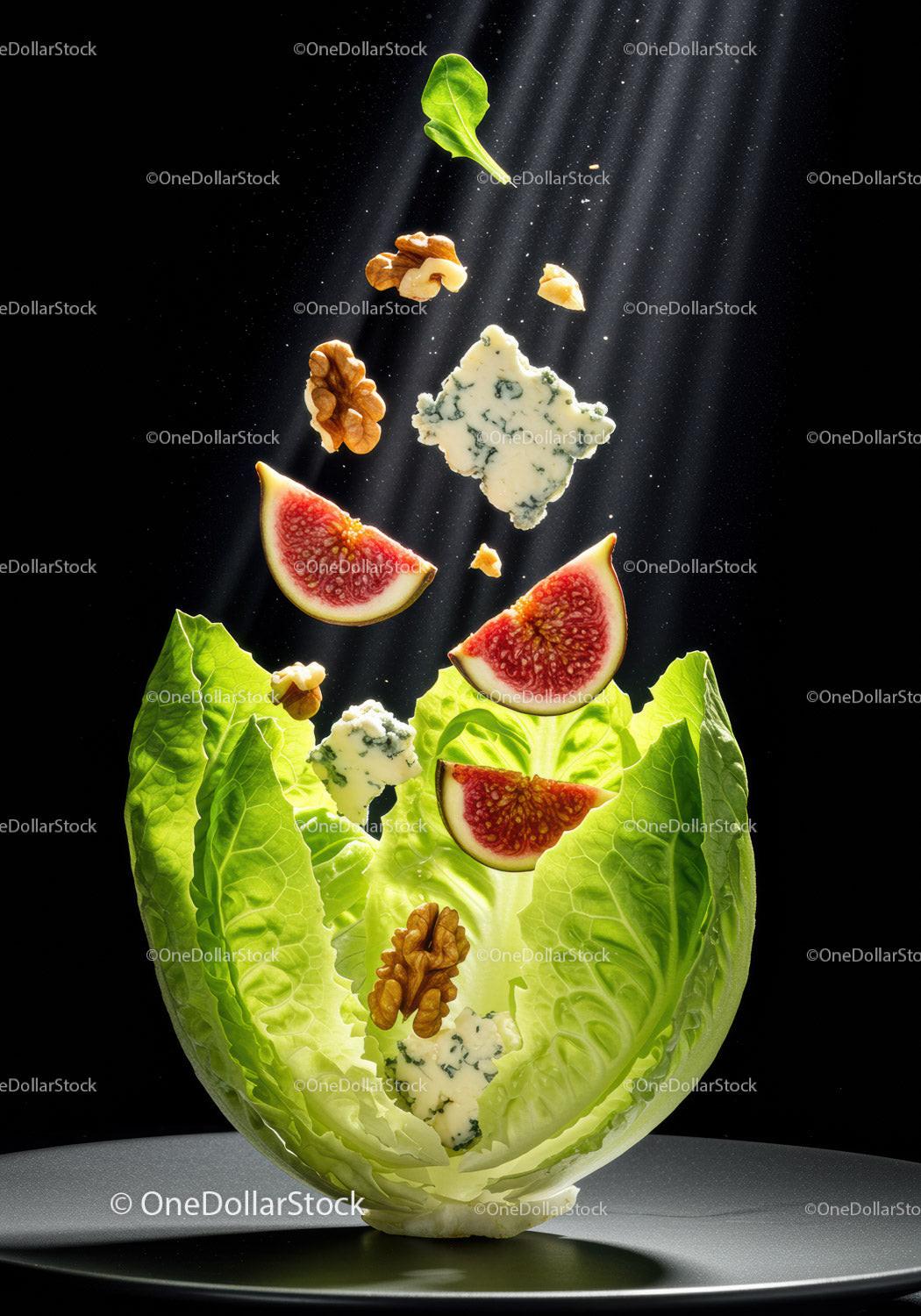 Fresh fig and blue cheese salad with walnuts in lettuce