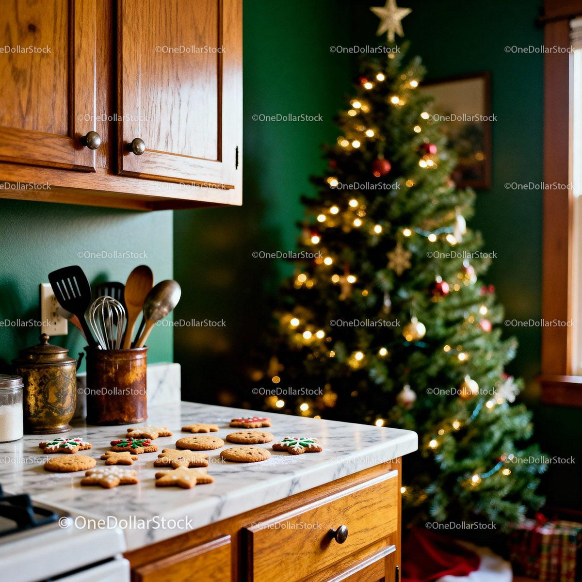Festive kitchen with Christmas cookies and decorated tree