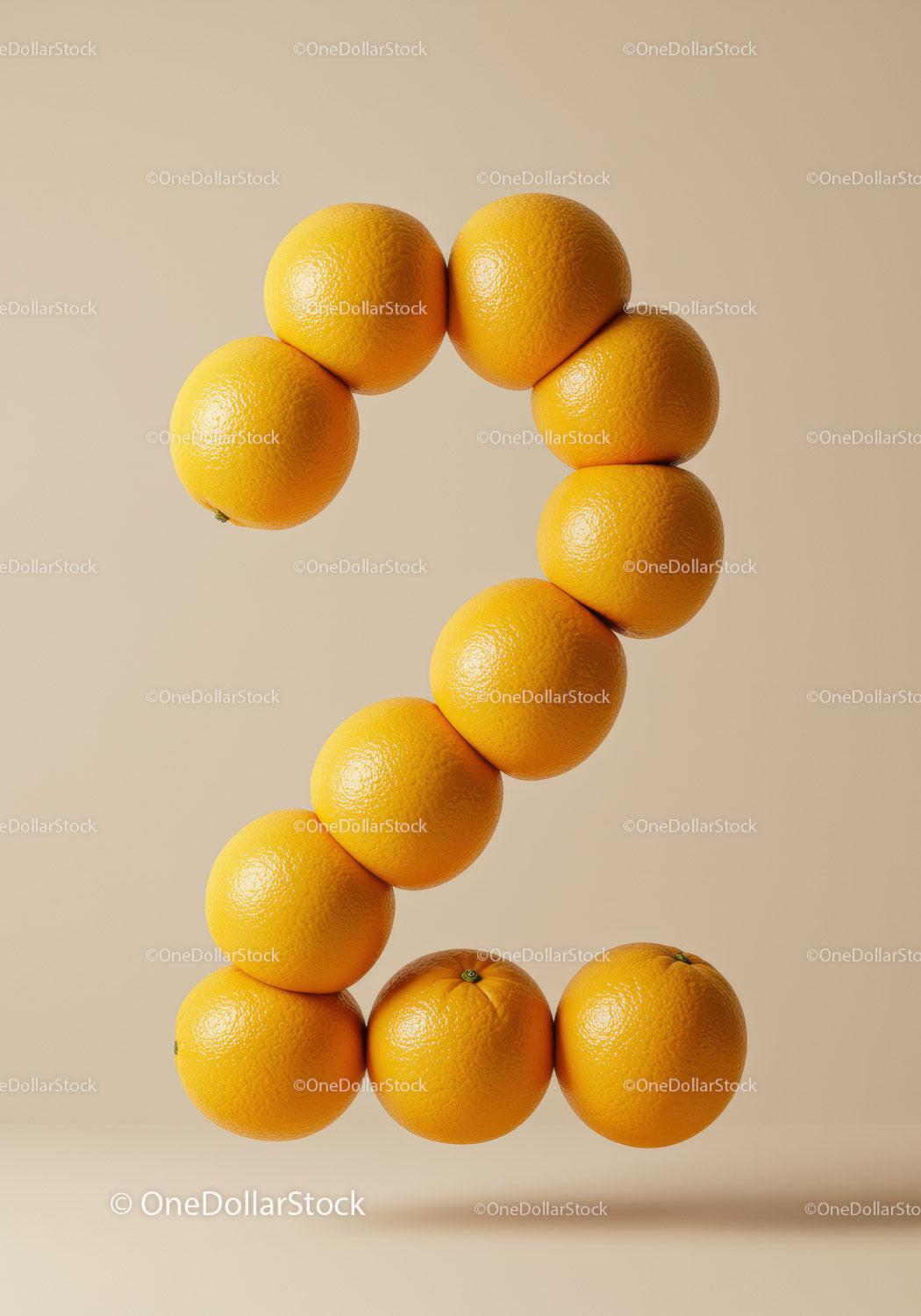 Number Two Composed of Fresh Oranges on Neutral Background