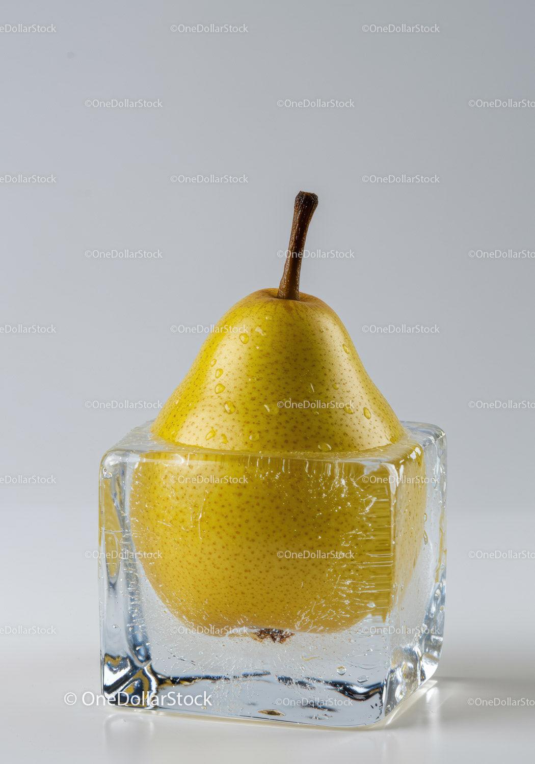 Fresh yellow pear frozen inside a clear ice cube