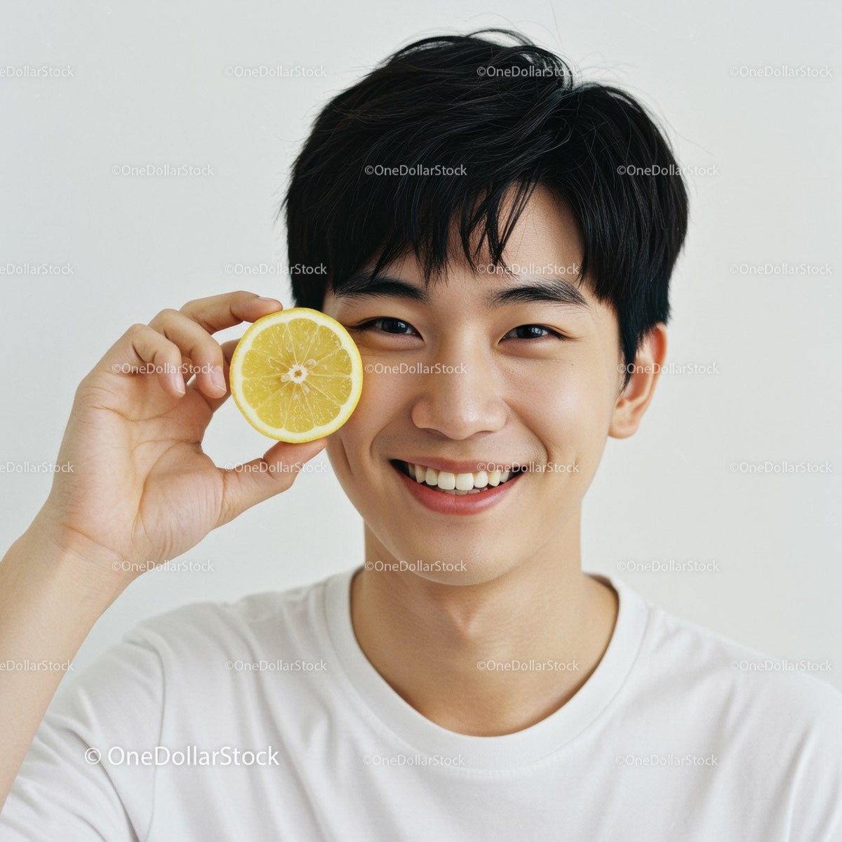 Smiling Young Man Holding Slice of Lemon in Bright Portrait