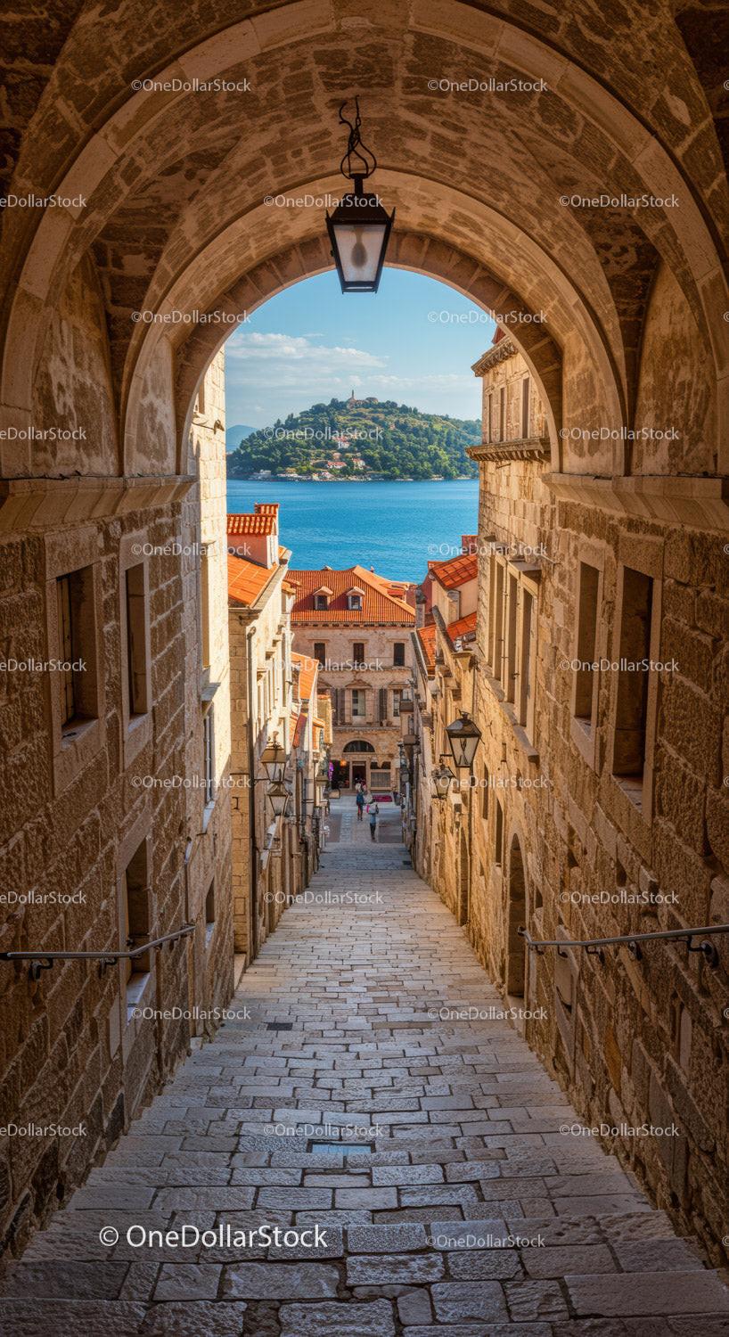 Scenic Coastal Town View through Stone Arch with Orange Rooftops and Seaside Landscape