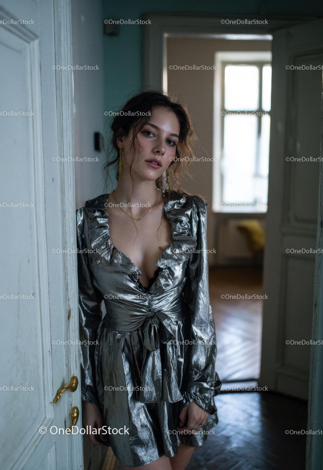 Elegant Woman in Silver Dress Standing in Rustic Interior