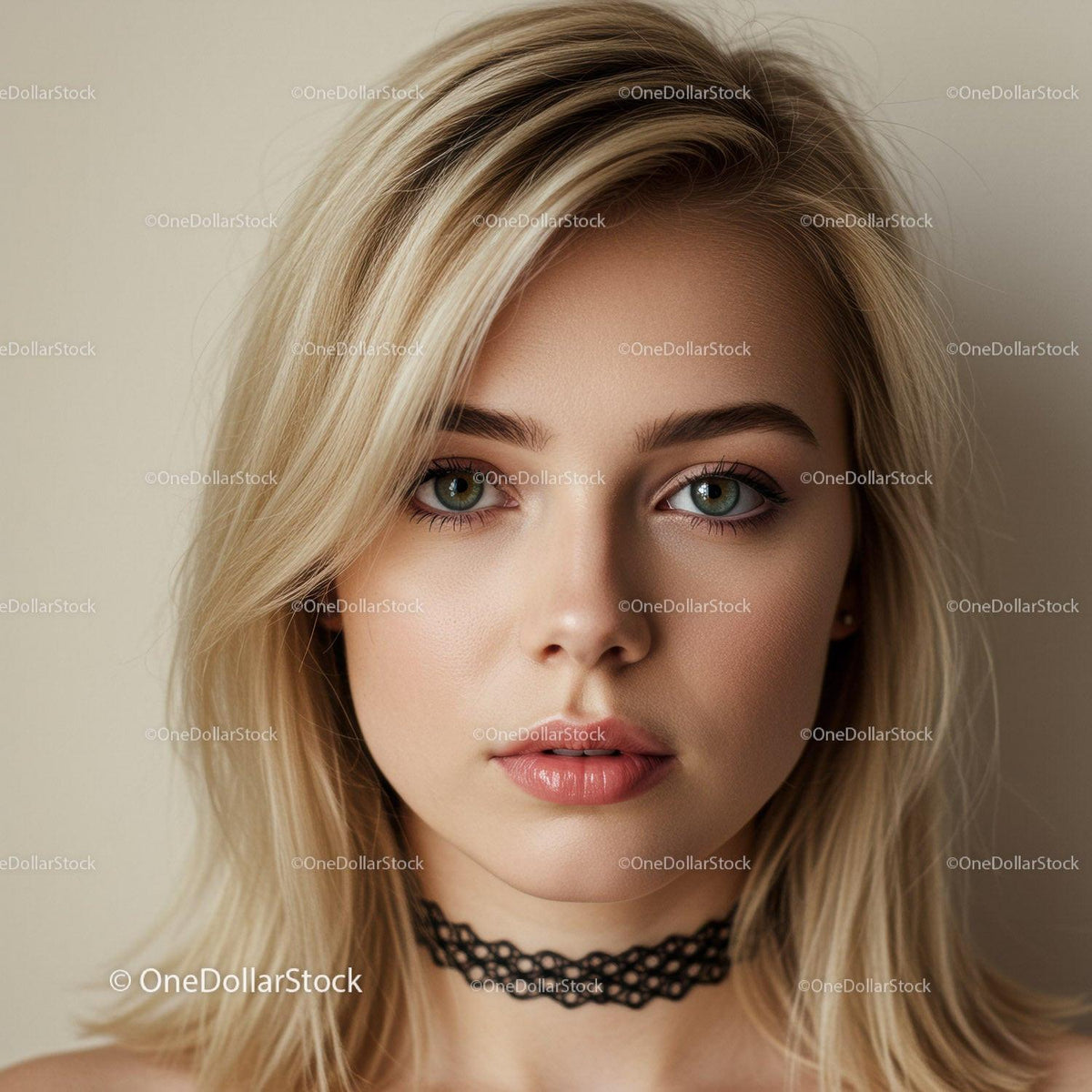 Elegant Blonde Woman with Blue Eyes and Choker Necklace