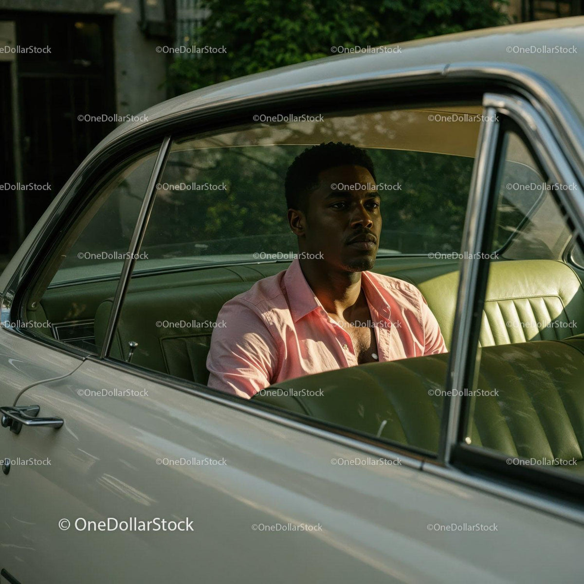 Young Man in Pink Shirt Sitting in Vintage Car on a Sunny Day Stock Photo Bundle preview 21