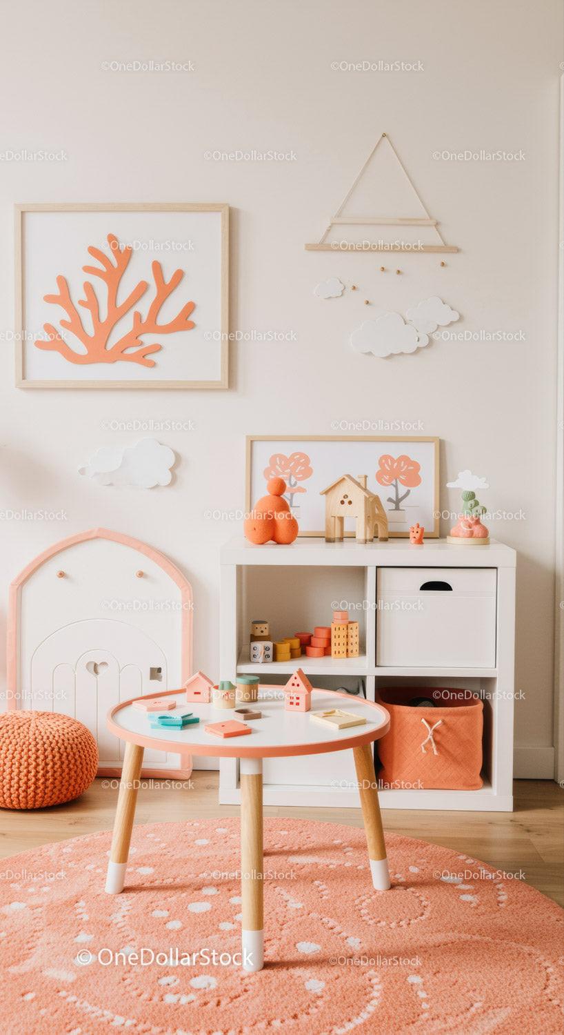 Pink and White Childrens Room with Wooden Toys and Cloud Decor