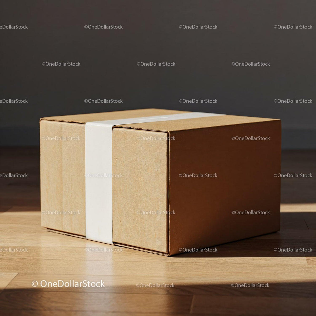 Minimalist cardboard box with white tape on wooden floor JPG Mockup Image preview