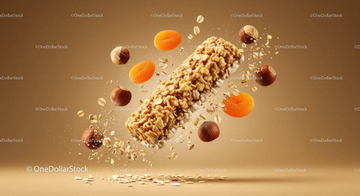 Crunchy granola bar with nuts and dried apricots flying