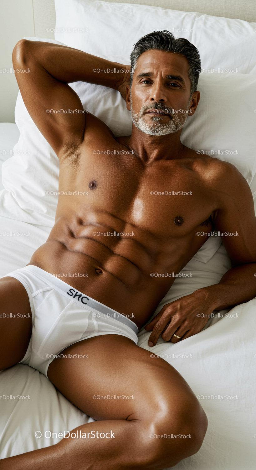 Fit mature man relaxing on bed in white briefs
