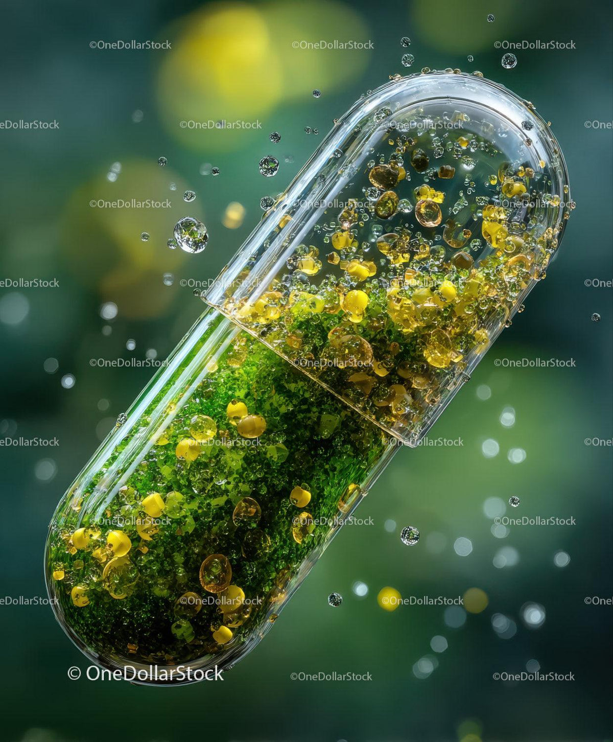 Clear capsule containing green particles and yellow spheres floating with bubbles