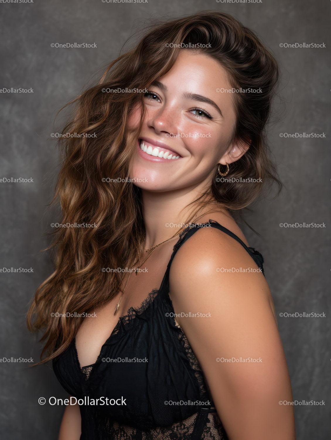 Smiling Woman with Long Wavy Hair Wearing Black Lace Dress