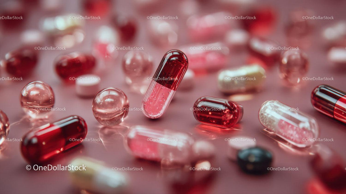 Close-Up of Red and White Capsules and Tablets on Pink Background