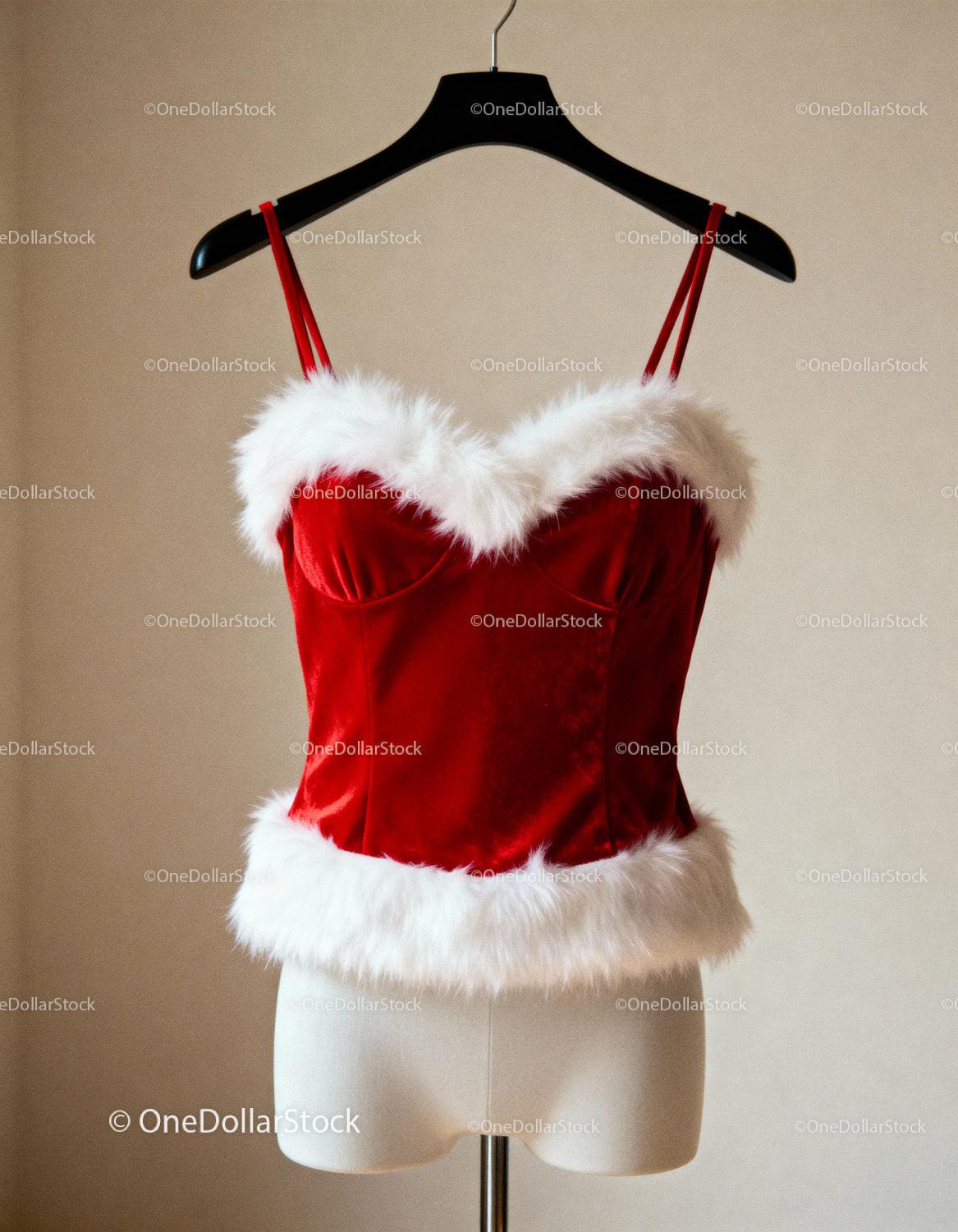 Red Velvet Christmas Corset with White Fur Trim
